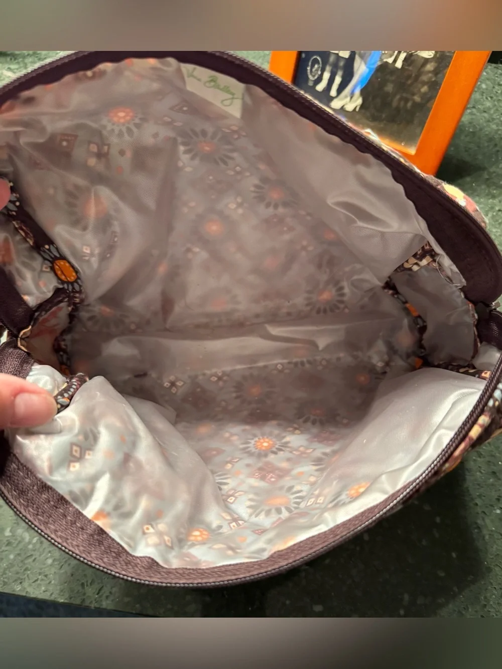 Vera Bradley Brown Quilted Floral Zip Cosmetic Pouch with Orange Accents